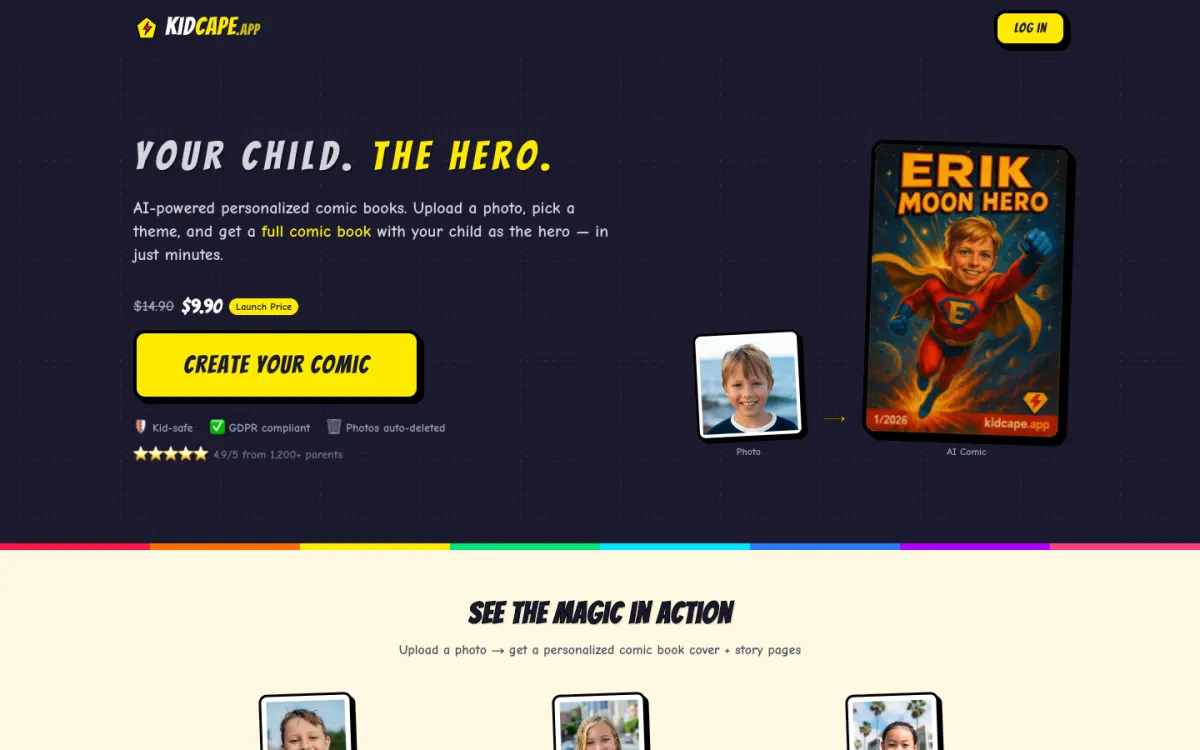 The KidCape homepage: a personalised superhero comic made from a child's photo